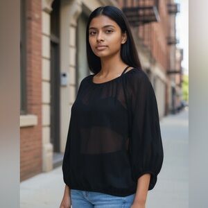 Natural Life Sheer Black Blousy Top Peekaboo Shoulders size large